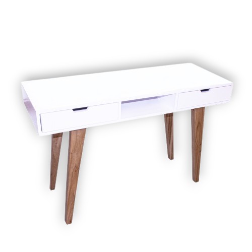 Escritorio de 2 cajones con tapa fibrolaqueada blanca de 1,20mts con patas de madera paraíso